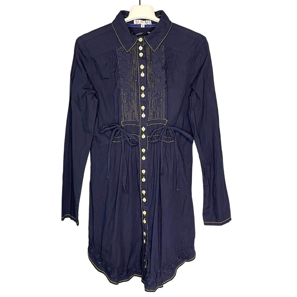 3J Workshop Johnny Was Blue Button Front Dress Floral Skull Embroidery  Small